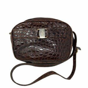 Salvatore Ferragamo Womens Crossbody Bag Brown Crocodile Embossed Leather Zip Sm
